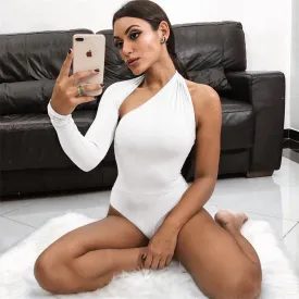 One Shoulder Long Sleeve Bodysuit Slim-Fit White