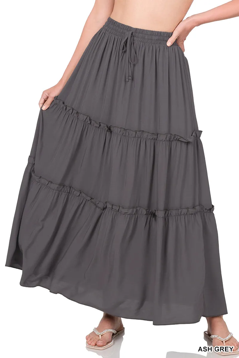 Plus Boho Elastic Drawstring Waist Tiered Ruffle A-Line Woven Maxi Skirt