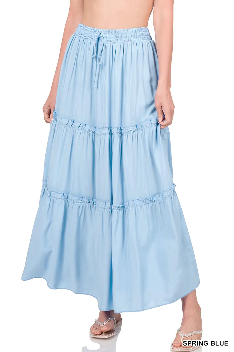 Plus Boho Elastic Drawstring Waist Tiered Ruffle A-Line Woven Maxi Skirt