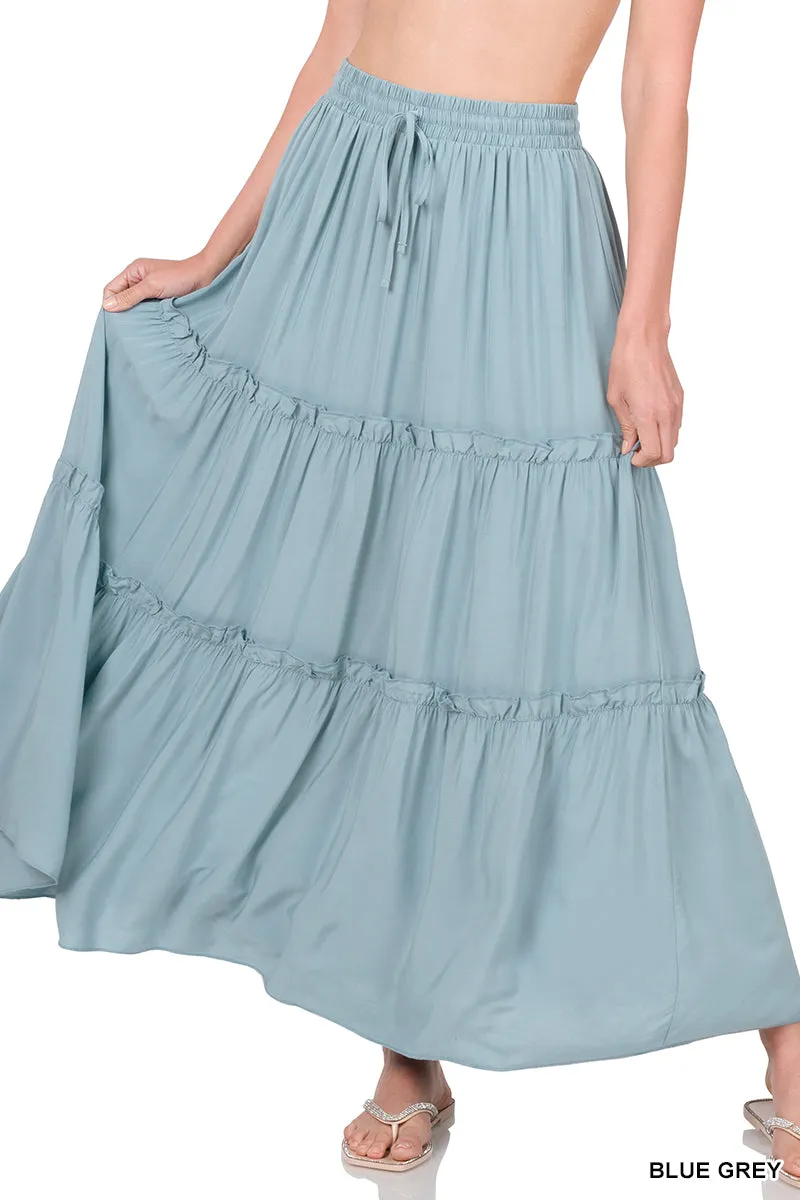 Plus Boho Elastic Drawstring Waist Tiered Ruffle A-Line Woven Maxi Skirt