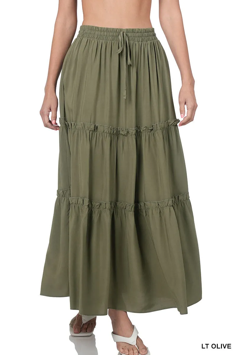 Plus Boho Elastic Drawstring Waist Tiered Ruffle A-Line Woven Maxi Skirt