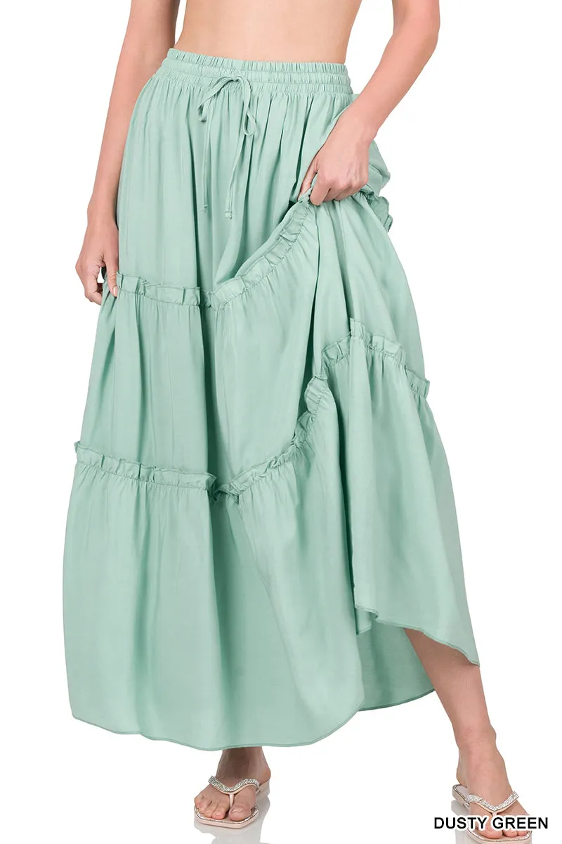 Plus Boho Elastic Drawstring Waist Tiered Ruffle A-Line Woven Maxi Skirt