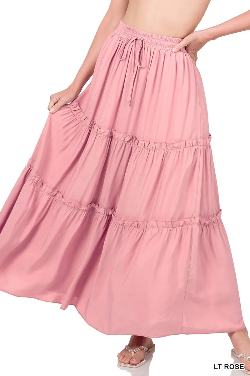 Plus Boho Elastic Drawstring Waist Tiered Ruffle A-Line Woven Maxi Skirt