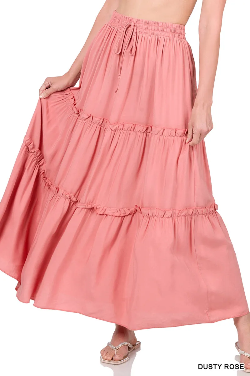 Plus Boho Elastic Drawstring Waist Tiered Ruffle A-Line Woven Maxi Skirt