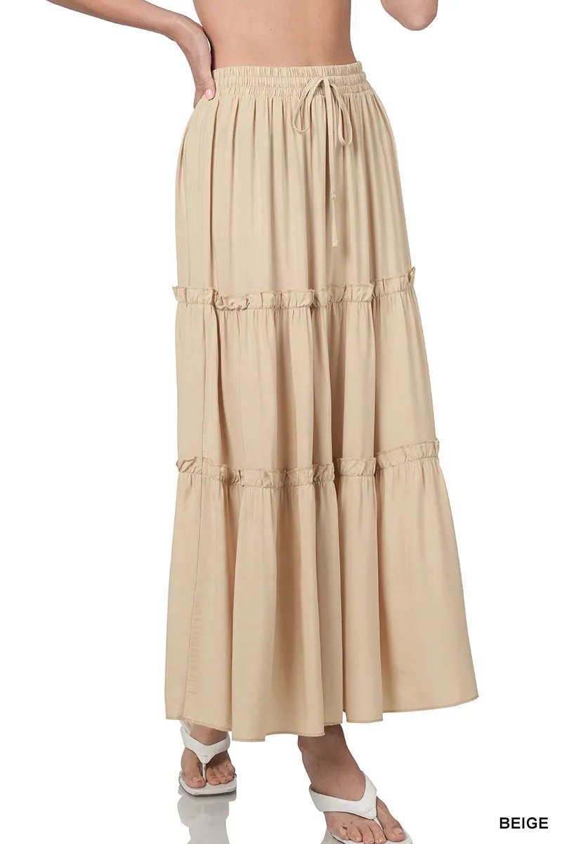 Plus Boho Elastic Drawstring Waist Tiered Ruffle A-Line Woven Maxi Skirt