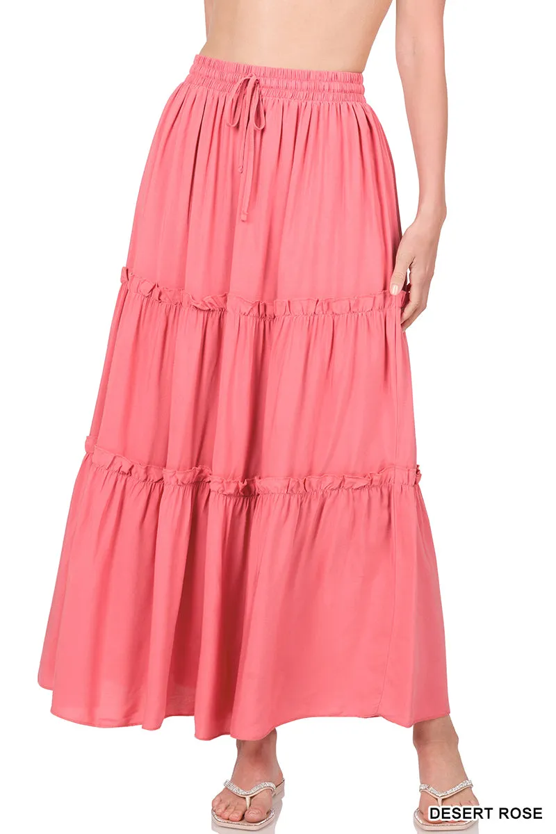 Plus Boho Elastic Drawstring Waist Tiered Ruffle A-Line Woven Maxi Skirt