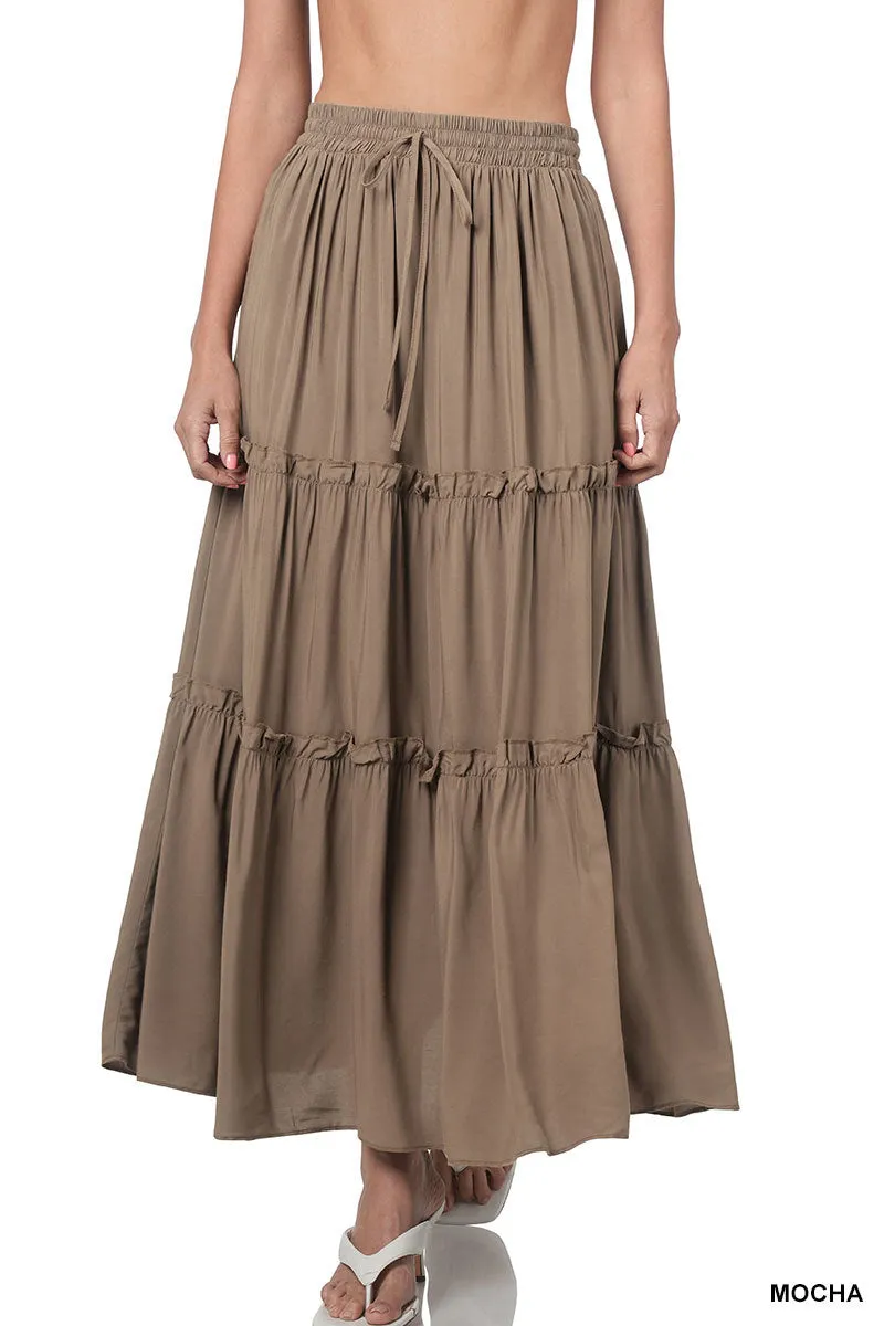 Plus Boho Elastic Drawstring Waist Tiered Ruffle A-Line Woven Maxi Skirt