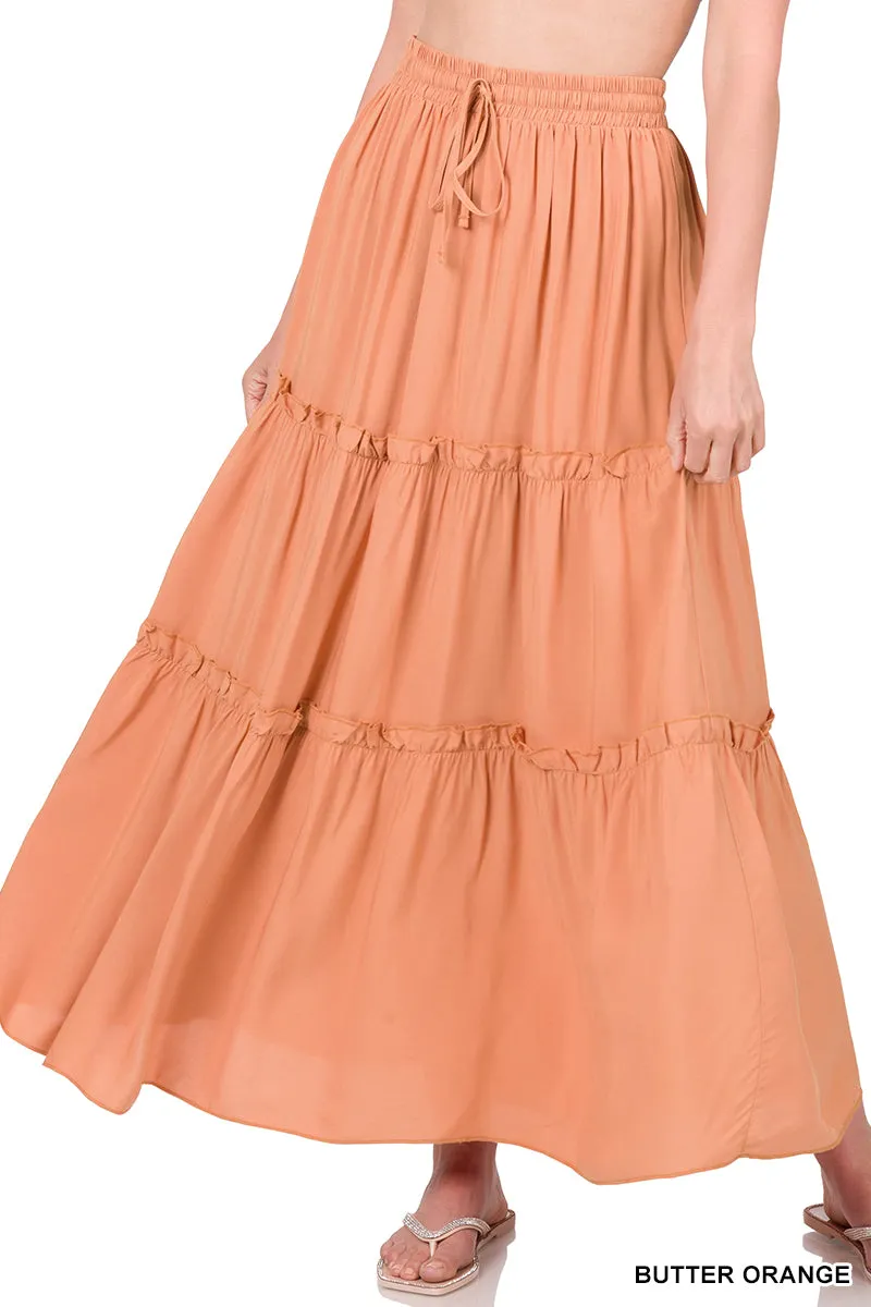 Plus Boho Elastic Drawstring Waist Tiered Ruffle A-Line Woven Maxi Skirt