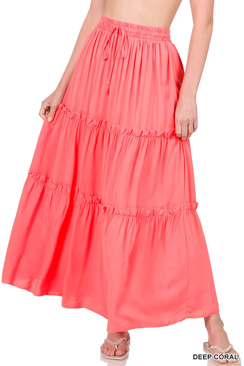 Plus Boho Elastic Drawstring Waist Tiered Ruffle A-Line Woven Maxi Skirt