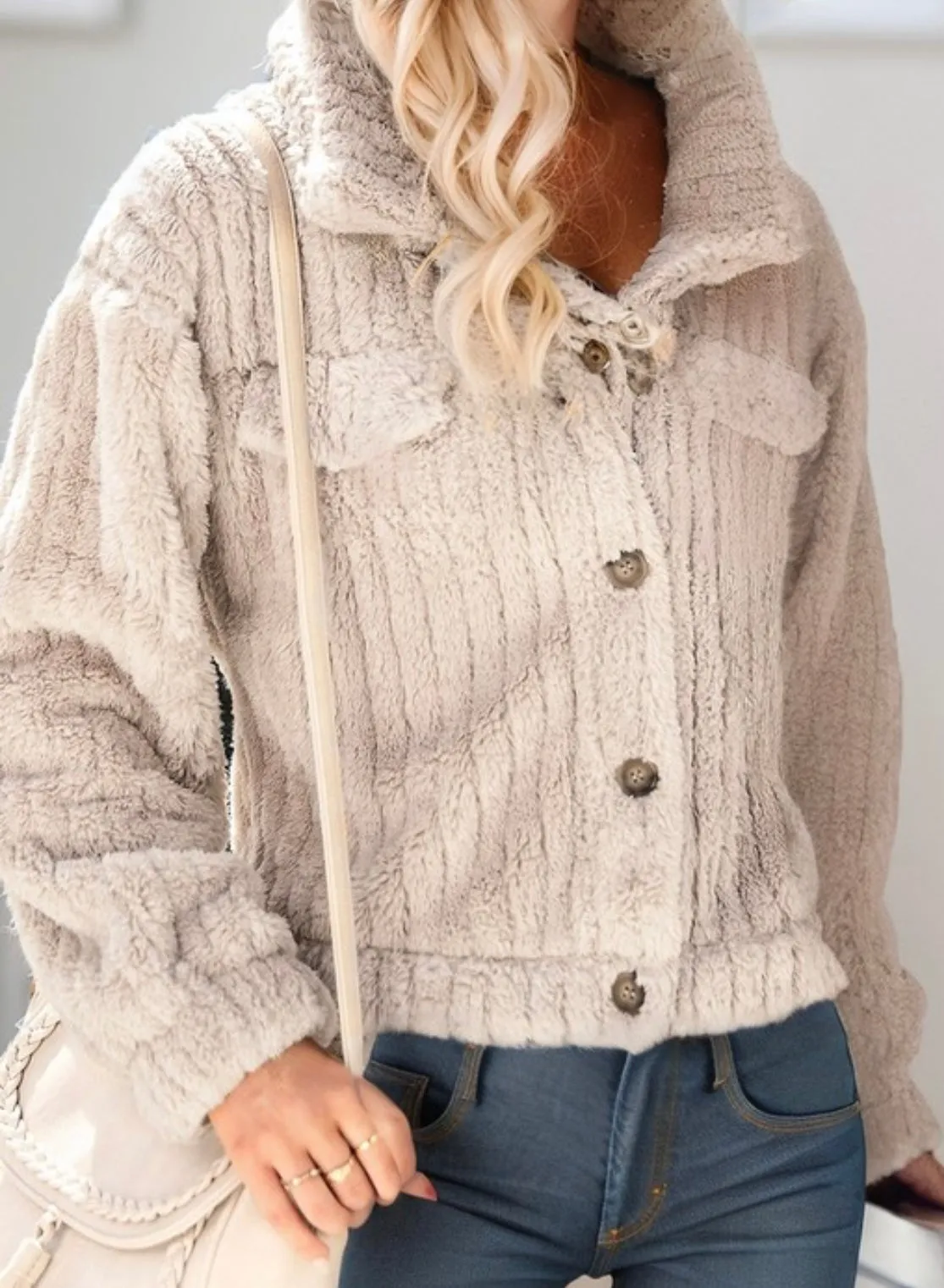 Plush Cream Fleece Button Down Jacket