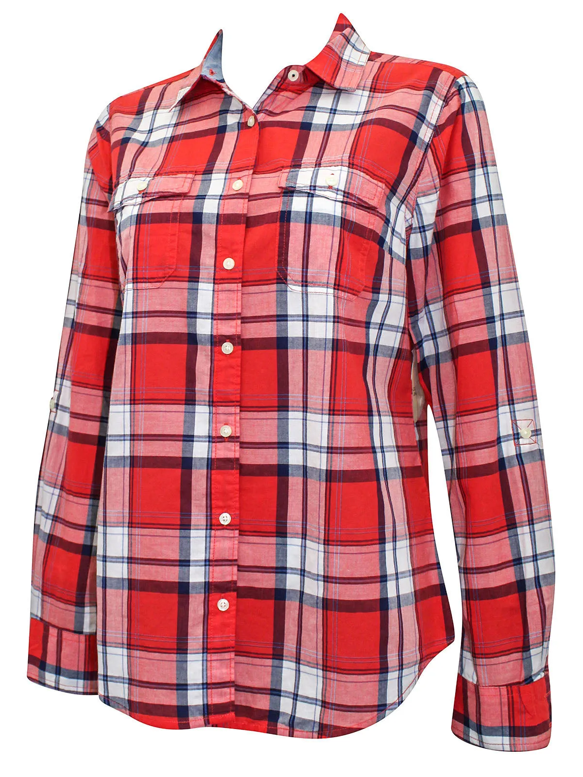 Red Multi Pure Cotton Button Down Checked Plus Size Shirt Top