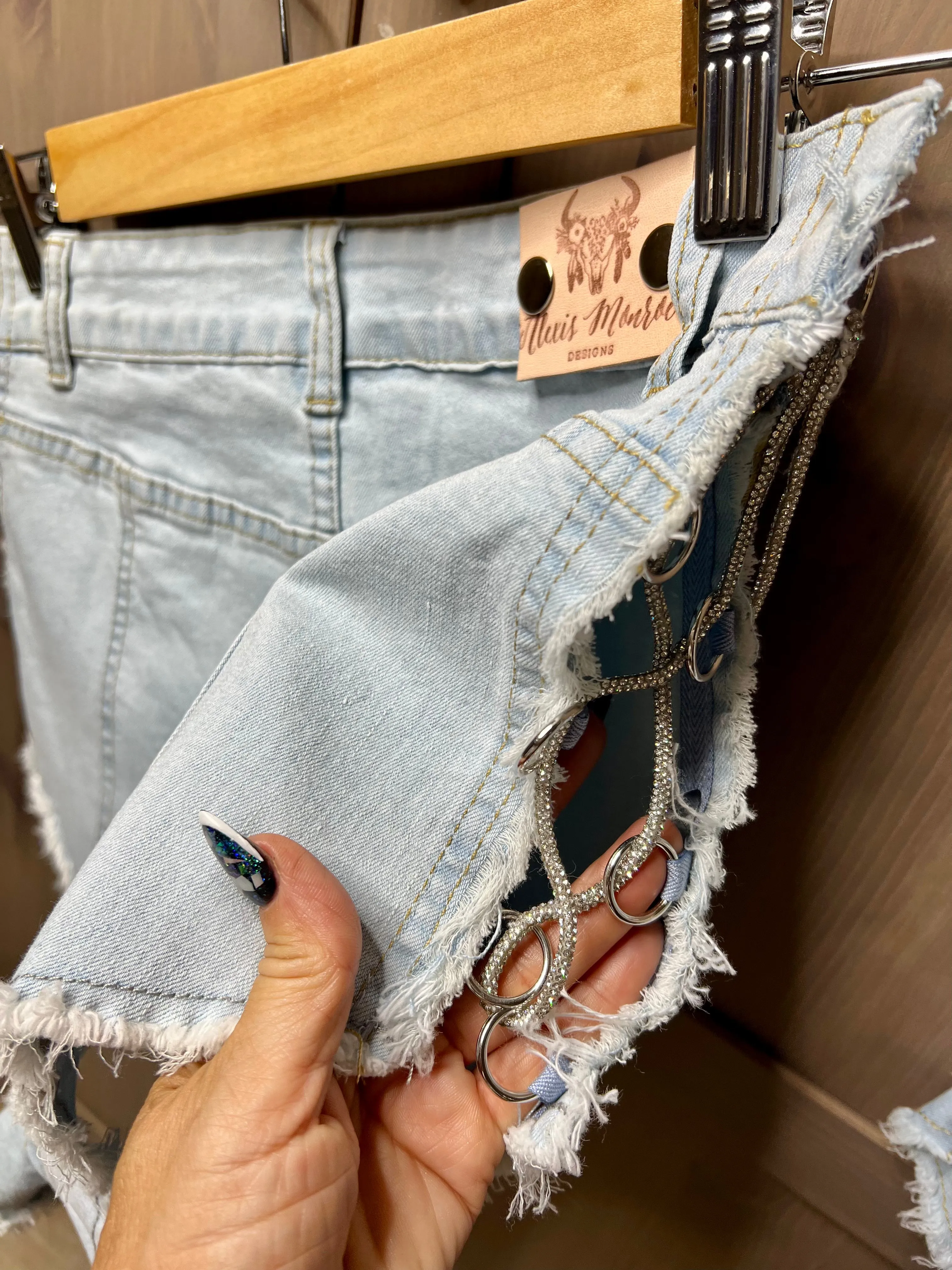 Strapped Rhinestone Denim Booty Shorts