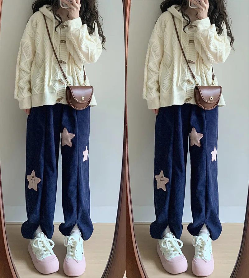 Three Stars Loose Casual Slit Corduroy Pants