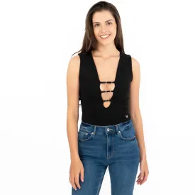 True Religion Black Cotton Bodysuit Cut Out Chest Summer Sleeveless Tops