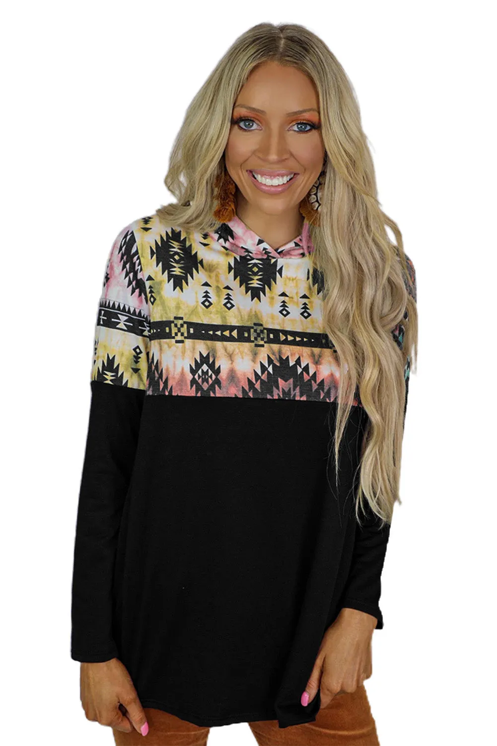 Two-Tone Long Sleeve Aztec Pattern Hoodie