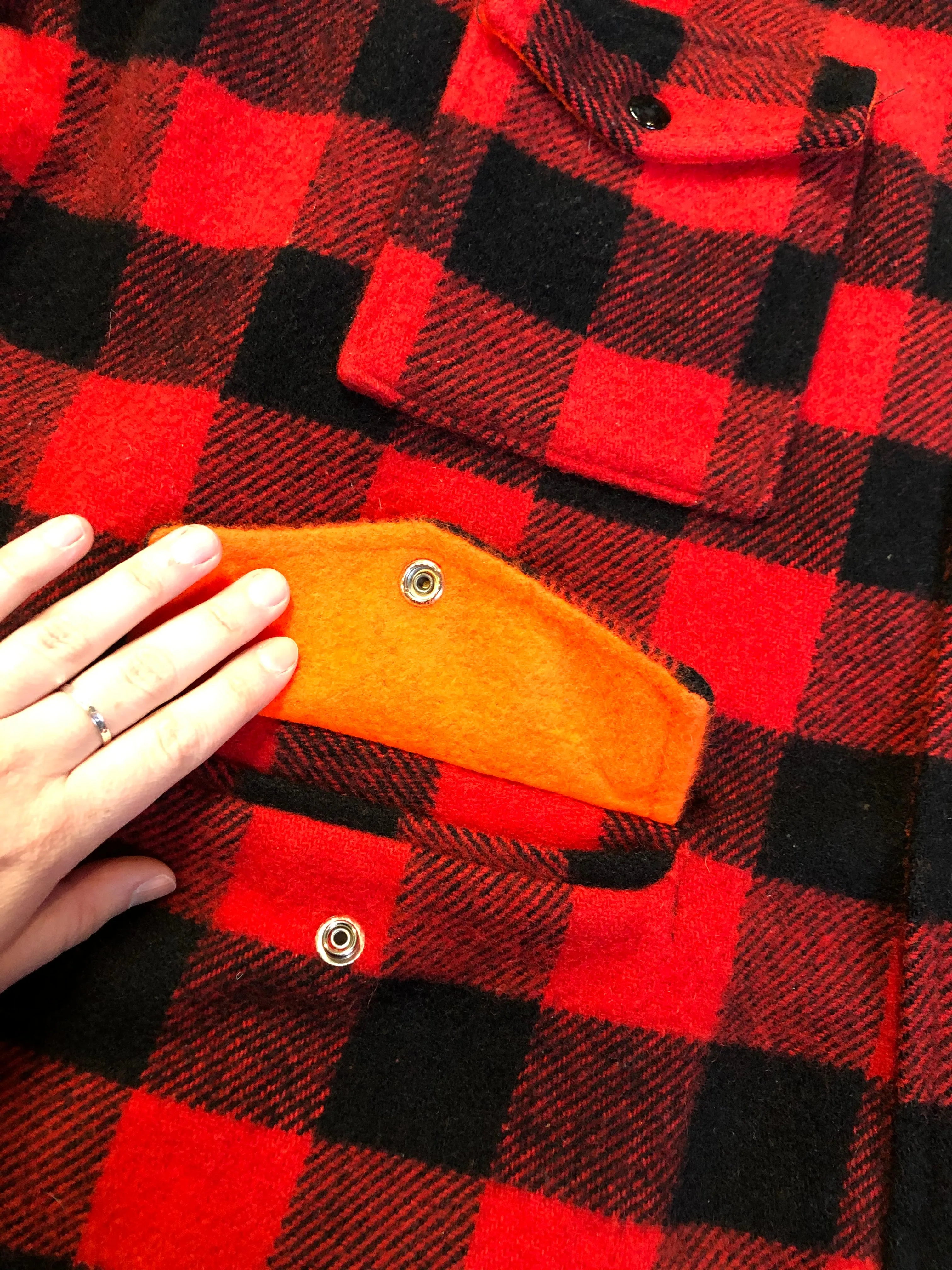 Vintage Codet Red & Black Buffalo Wool Plaid / Blaze Orange Reversible Hunting Jacket, Made in Canada, SOLD