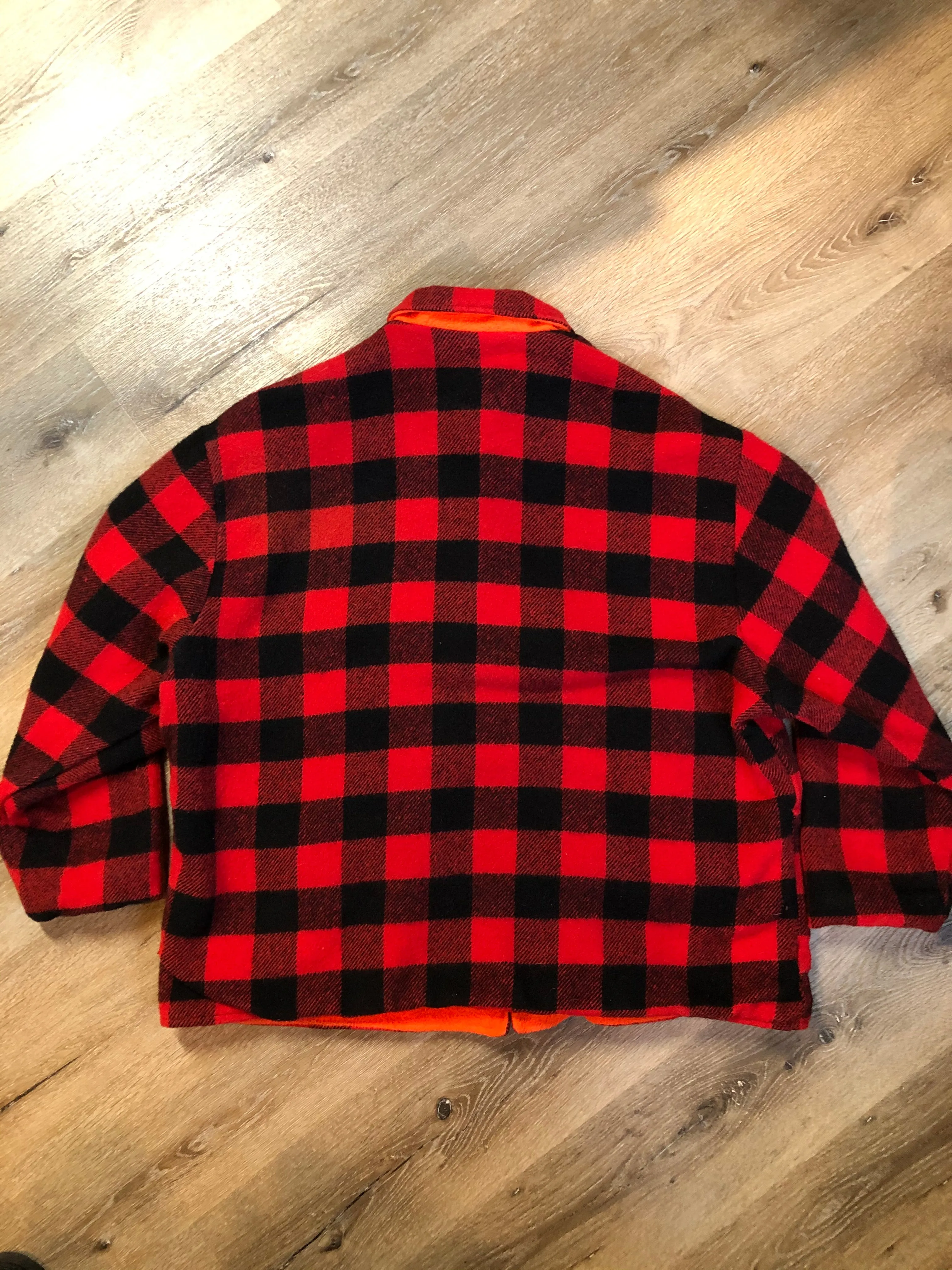 Vintage Codet Red & Black Buffalo Wool Plaid / Blaze Orange Reversible Hunting Jacket, Made in Canada, SOLD