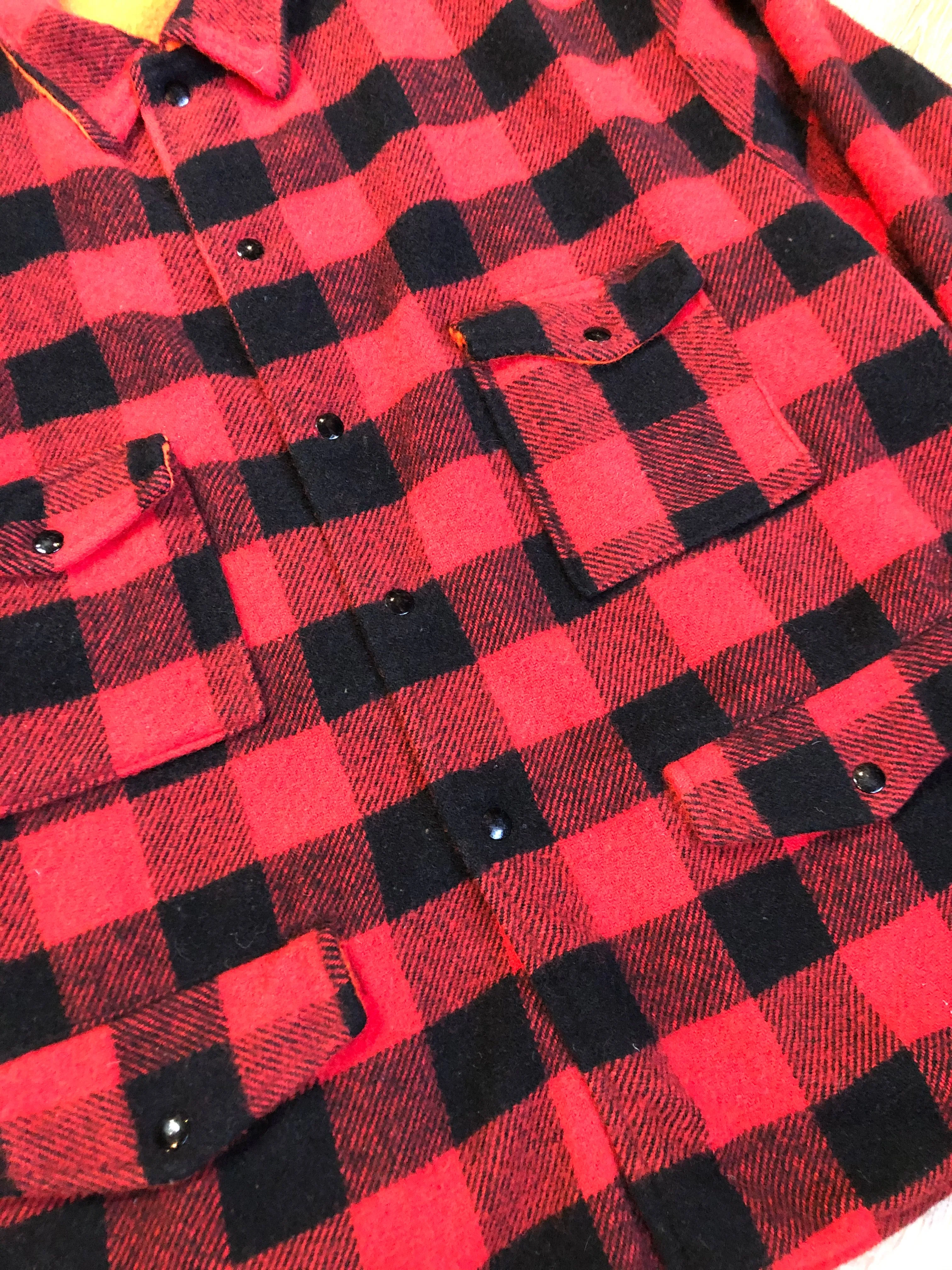 Vintage Codet Red & Black Buffalo Wool Plaid / Blaze Orange Reversible Hunting Jacket, Made in Canada, SOLD