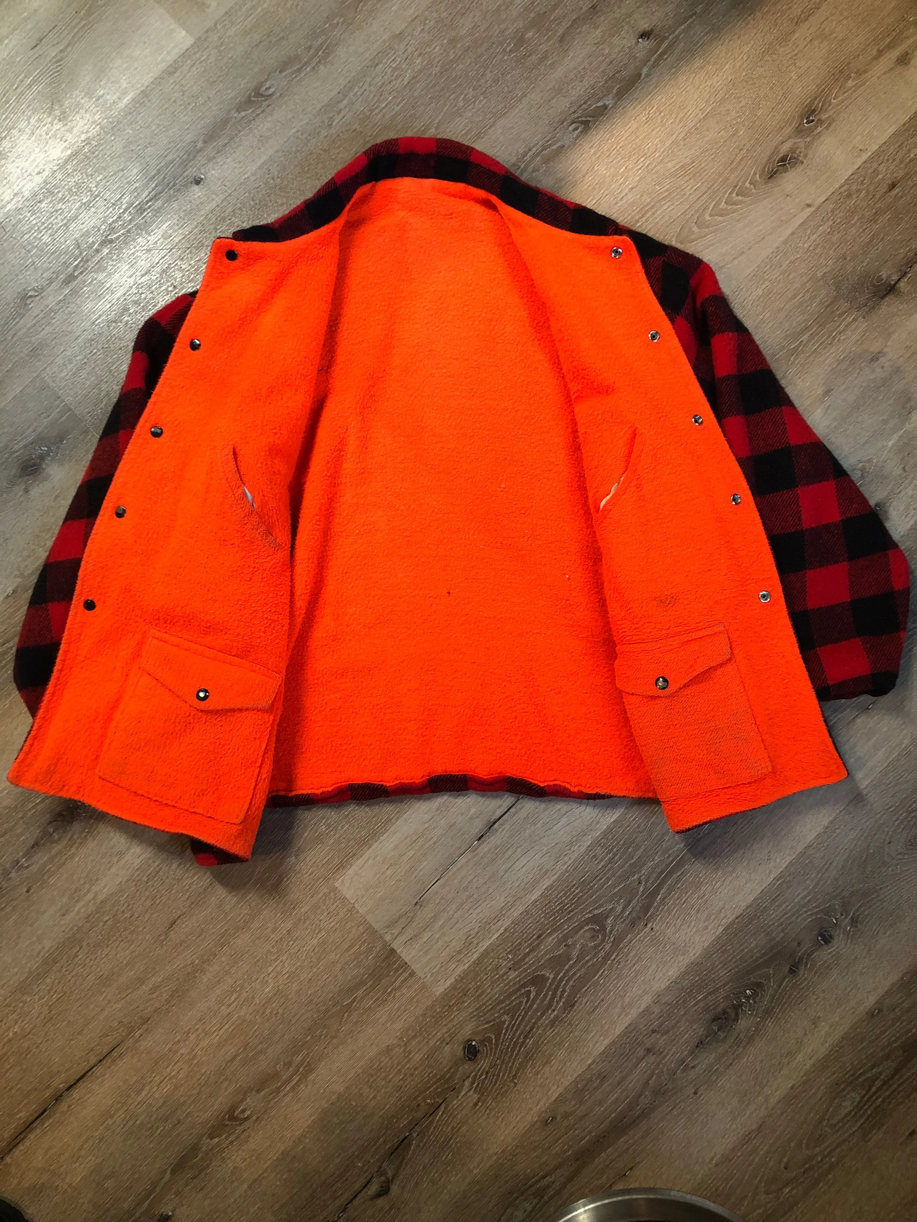 Vintage Codet Red & Black Buffalo Wool Plaid / Blaze Orange Reversible Hunting Jacket, Made in Canada, SOLD