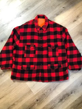 Vintage Codet Red & Black Buffalo Wool Plaid / Blaze Orange Reversible Hunting Jacket, Made in Canada, SOLD