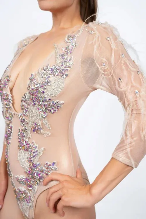 Vision Bodysuit - Nude Mesh Elegance with Rhinestones