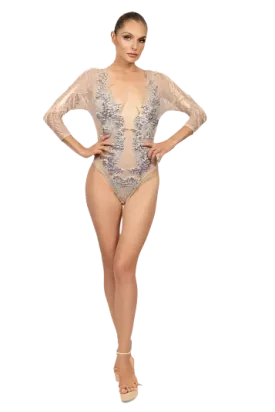 Vision Bodysuit - Nude Mesh Elegance with Rhinestones