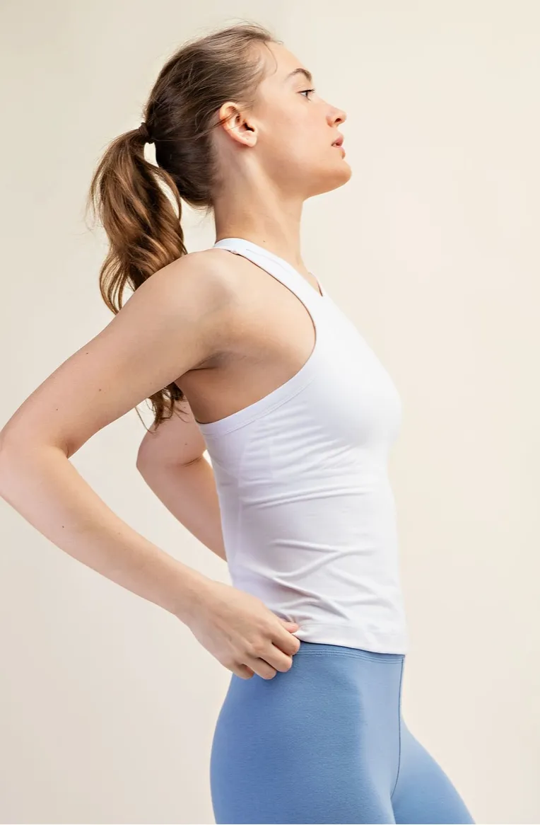 White Blue Racer Back Athletic Tank