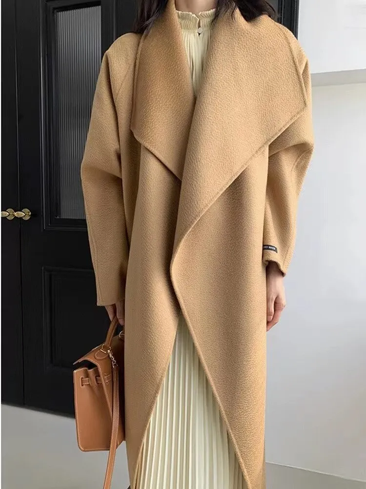 Women Autumn Winter Double Faced Trench Coat for  Women's Wool Large Lapel Classic New Water Ripple Coats Jackets