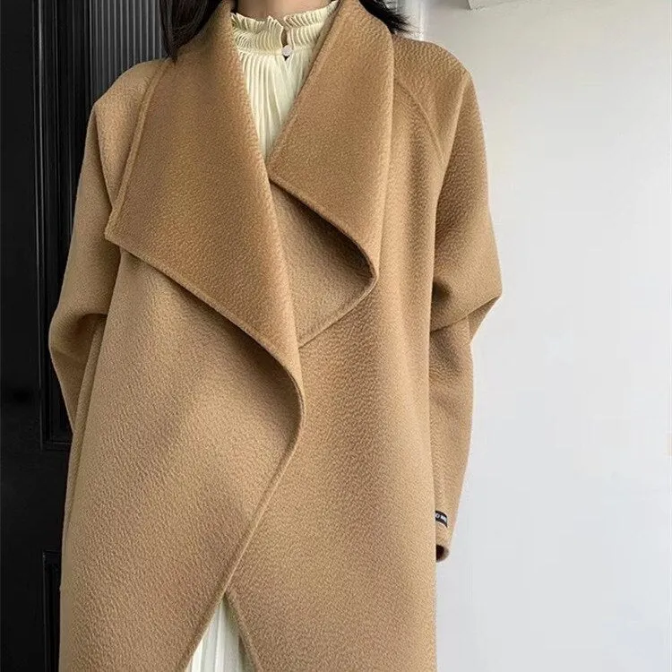 Women Autumn Winter Double Faced Trench Coat for  Women's Wool Large Lapel Classic New Water Ripple Coats Jackets