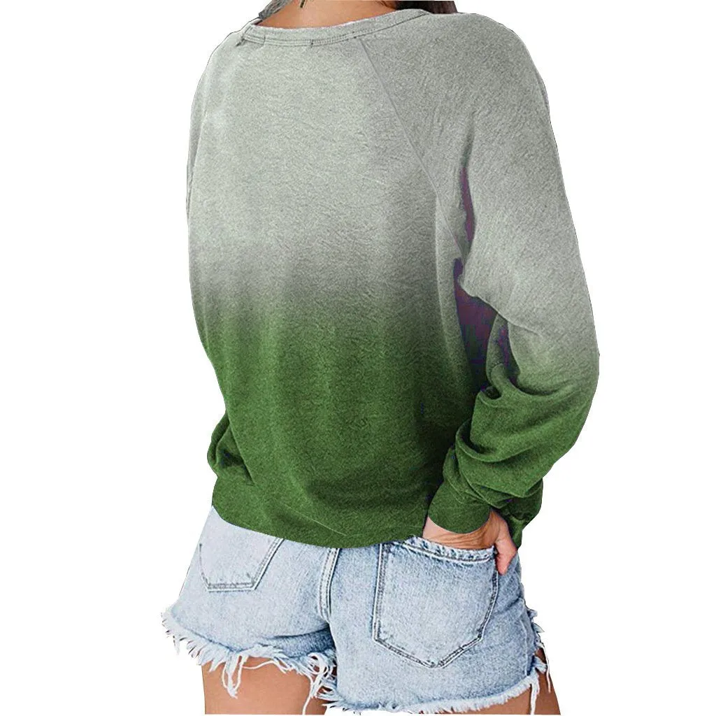 Women gradient color long sleeve pullover crewneck sweatshirt