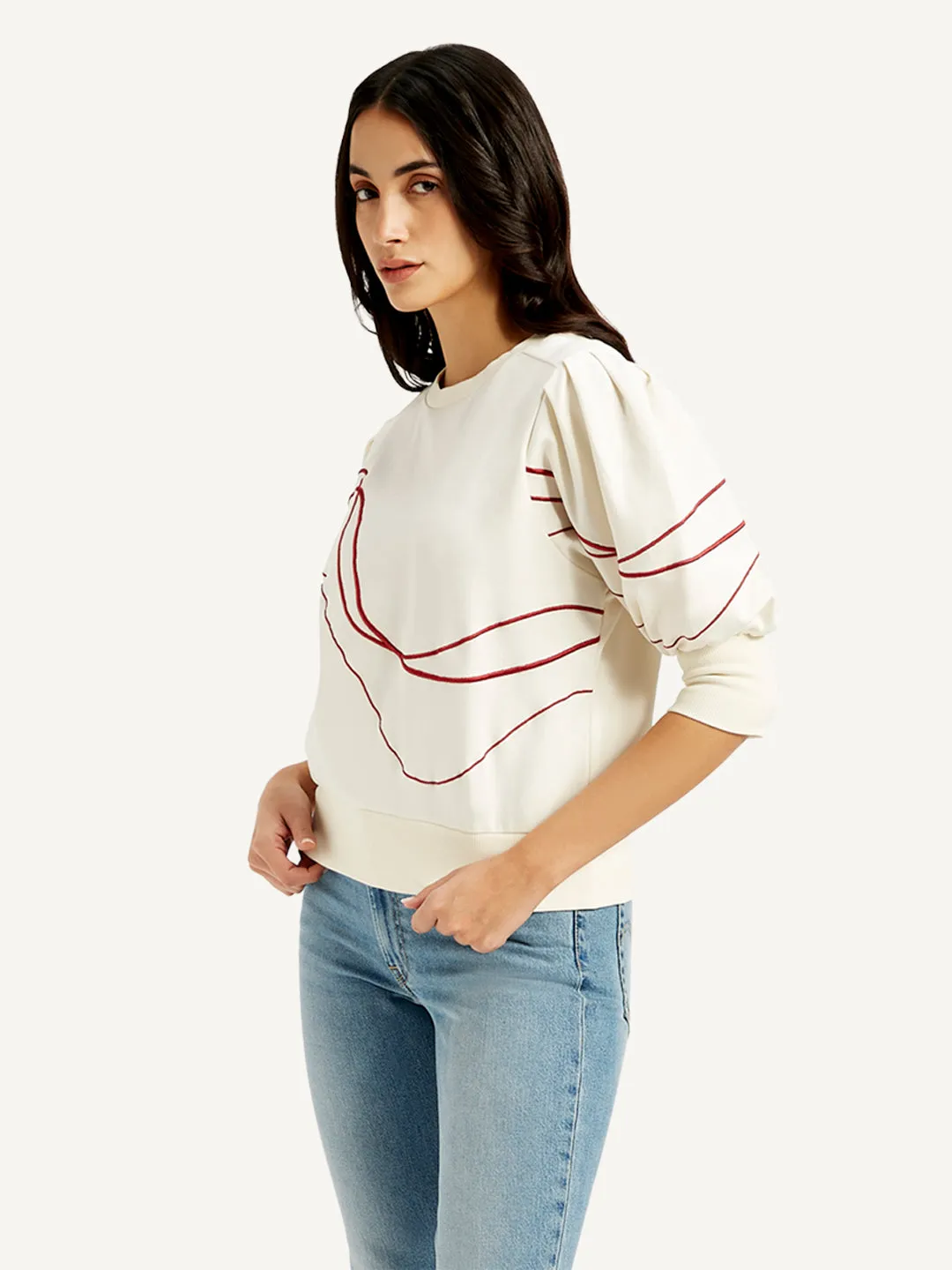 Women's Abstract Off-White Crew Neck Top