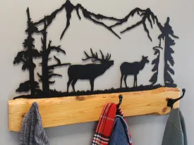 Wood and Metal Coat Rack With 3 Hooks and Rustic Metal Art Silhouette Bear, Deer, or Elk